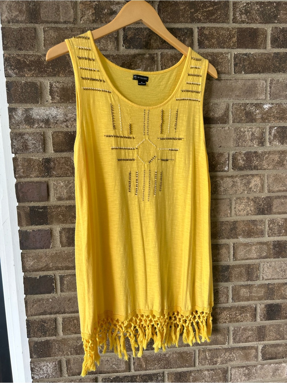 New Directions Boho Beaded Tank Top Yellow Macramé Fringe Embellished Size M